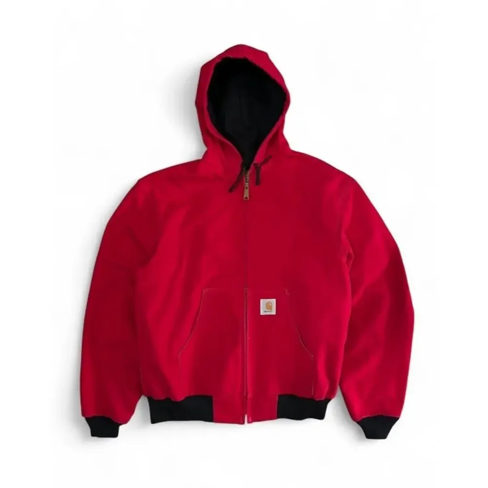 Vintage 90s Carhartt JR100 Red Hooded Thermal Canvas Duck Jacket Men’s Large - Picture 1 of 16